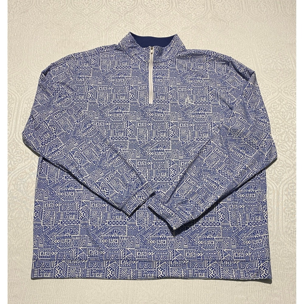 Rhoback Mens XL Performance Quarter Zip Pullover Blue White Geometric Q-Zip Golf